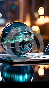 A glass globe on a laptop symbolizes a global business perspective