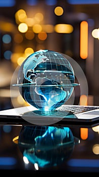 A glass globe on a laptop symbolizes a global business perspective