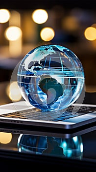 A glass globe on a laptop symbolizes a global business perspective