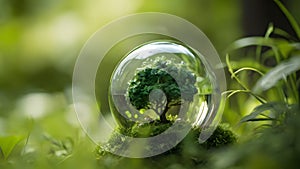 glass globe lies on top of the grass with green plants and tree