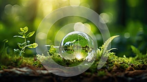 Glass globe on moss and green nature background. Environment conservation concept