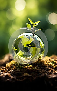 Glass globe nestled in forest setting with young plant sprouting, embodying Earth Day\'s conservation message