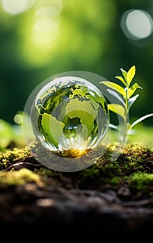 Glass globe nestled in forest setting with young plant sprouting embodying Earth Days conservation message