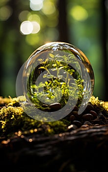 Glass globe nestled in forest setting with young plant sprouting embodying Earth Days conservation message