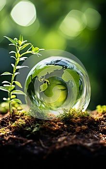 Glass globe nestled in forest setting with young plant sprouting embodying Earth Days conservation message