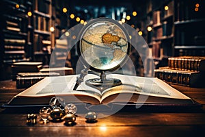 A glass globe on an open book against the background of the library