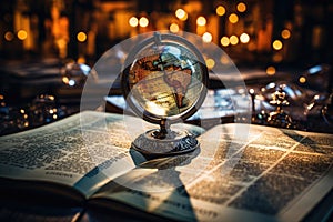 A glass globe and an open book on a bokeh background