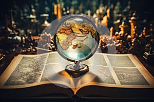 A glass globe on an open book in the research center