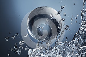 Glass globe planet in drop water splash on blue