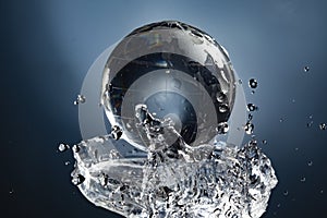 Glass globe planet in drop water splash on blue background