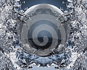 glass globe planet in drop water splash on blue background