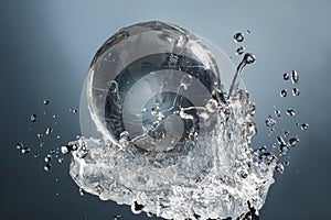 Glass globe planet in drop water splash on blue background