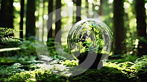 Glass globe surrounded by lush forest flora. m.