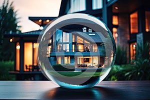 Glass globe with tiny modern house inside near big real cozy house with lights in windows in summer evening. Internal climate,