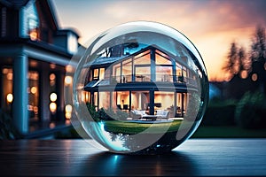 Glass globe with tiny modern house inside near big real cozy house with lights in windows in summer evening. Internal climate,