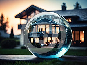 Glass globe with tiny modern house inside near big real cozy house with lights in windows in summer evening. Internal climate,