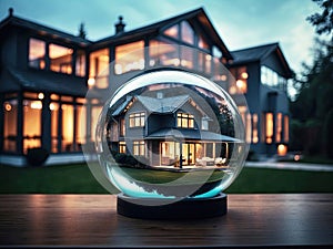 Glass globe with tiny modern house inside near big real cozy house with lights in windows in summer evening. Internal climate,