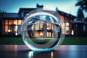 Glass globe with tiny modern house inside near big real cozy house with lights in windows in summer evening. Internal climate,