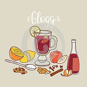 Glass of glogg with mulling spices. Illustration traditional hot drink at Christmas time. Autumn and winter holidays. Hand-drawn