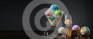 Glass goblet, box and glass with multi-colored ice cream balls on a black background. AI generated