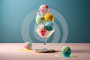 Glass goblet with multi-colored balls of delicious ice cream on a turquoise background. AI generated