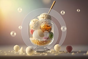 Glass goblet with multi-colored ice cream balls with a stick and soap bubbles on a blurred background. AI generated