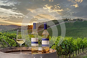 A glass goblet with white wine and two bottles on a barrel, with the background of the vineyard at sunset, Tuscany, Italy