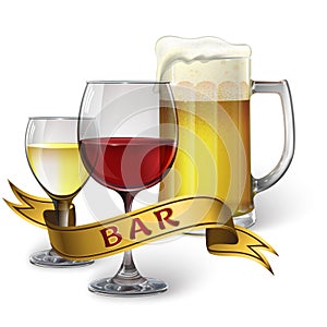 Glass goblets with wine and beer and ribbon with inscription