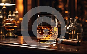 A glass of golden rum and cigar with luxury room background photo