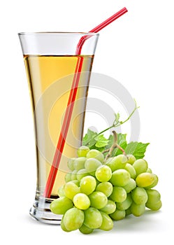 Glass of grape juice with fruit isolated on white.