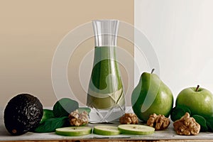 A glass of green juice sits on a table with a variety of fruits and nuts