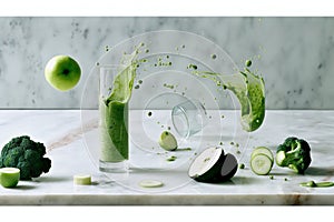 A glass of green juice is splashed across a table with a variety of vegetables