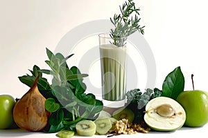 A glass of green juice is surrounded by a variety of fruits and vegetables