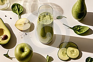 A glass of green juice is surrounded by a variety of fruits and vegetables