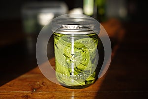 glass of green leaf picked basil pesto basilico