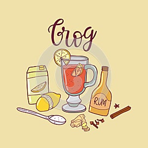 Glass of grog with mulling spices. Illustration traditional hot drink at Christmas time. Autumn and winter holidays. Hand-drawn