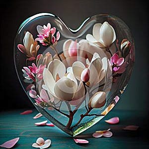 Glass heart filled with white and pink magnolia on a dark background. Spring flowers in the 3d heart glass