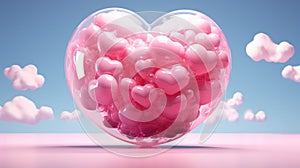 A glass heart shaped object with lots of pink hearts inside, AI