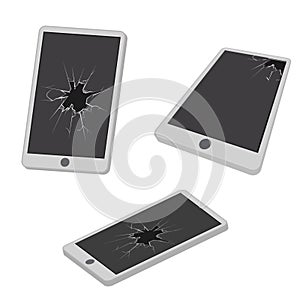 Glass hole cracks broken mobile phone electronic garbage realistic isometric design icon vector illustration