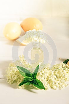 A glass of homemade elderflower lemonade with freshly picked elderflowers. The flowers are edible and can be used to add flavour