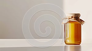 Glass honey jar with rustic fabric covering. Artisanal honey preservation. Concept of home produce, pantry staples, and