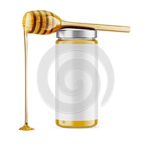 Glass Honey Jar with Wooden Dipper Mockup 3D Rendering on Isolated Background