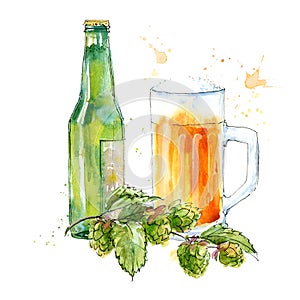 Glass,hop and bottle of light beer. Picture of a alcoholic drink.