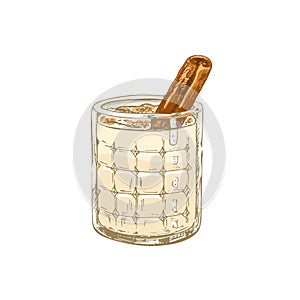 Glass horchata with stick cinnamon. Vector vintage hatching