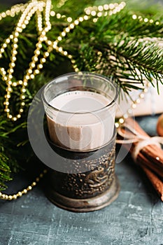 Glass of hot chocolate in winter decorations on the rustic background