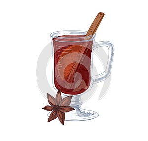 Glass of hot red mulled wine with winter spices and fruits. Spicy drink with cinnamon stick, cardamom seeds, star anise