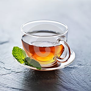 Glass of hot tea with mint garnish