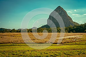 Glass House mountain range, including the Tibrogargan mountain 364 meters high