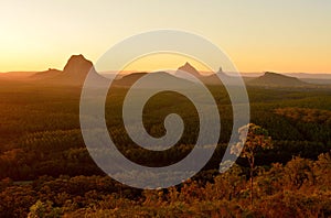 Glass House Mountains at sunset in Queensland, Australia.