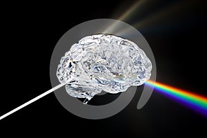 Glass human brain with visible spectrum wave rays, 3D rendering